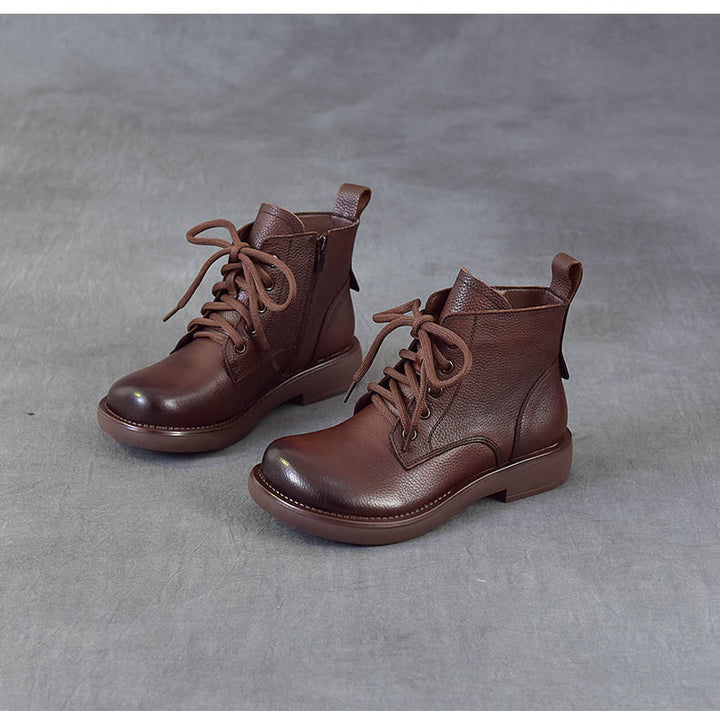 Women's Vintage Leather Ankle Boots Zipper Lace Up Flat Combat Booties