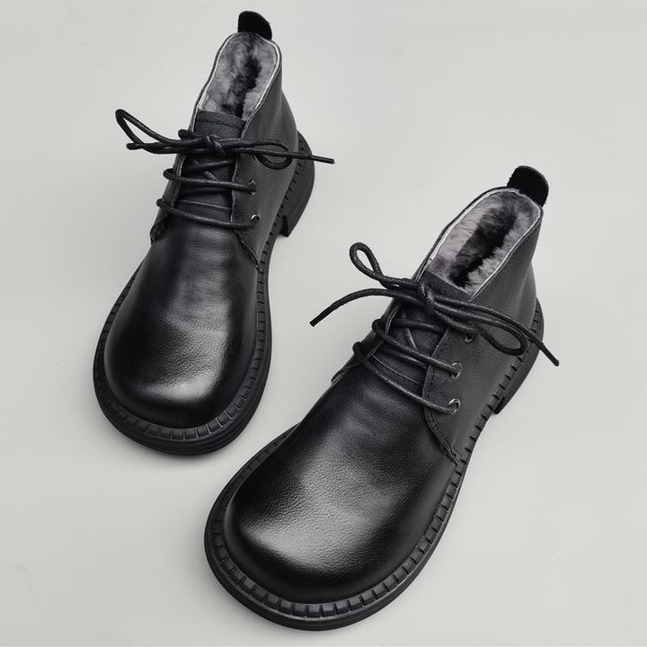 Wide Toe Leather Ankle Boots for Women – Lace-up Handmade Shearling Winter Shoes