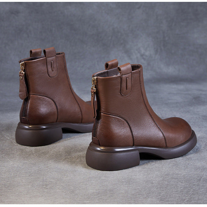 Women's Low Heel Casual Genuine Leather Boots with Back Zipper