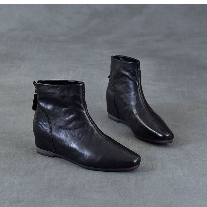 Women's Pointed Toe Top-Grain Leather Wedge Ankle Boots Mid Heel Back Zipper Booties