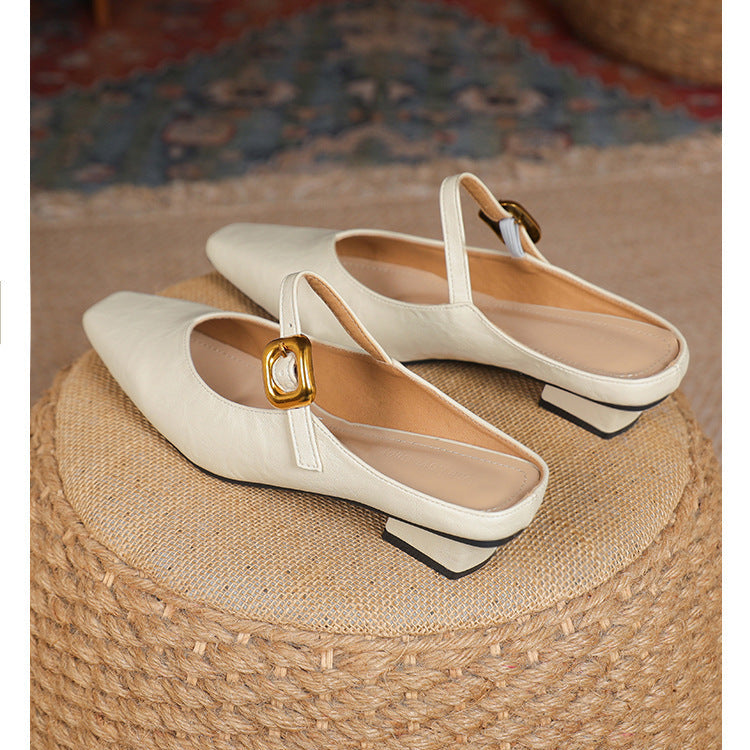 Women's Mary Jane Mules - Square Toe Gold Buckle Low Kitten Heel Slides