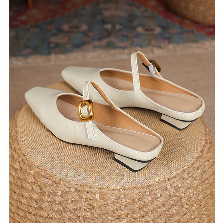 Women's Mary Jane Mules - Square Toe Gold Buckle Low Kitten Heel Slides