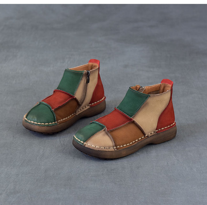 Women's Vintage Patchwork Leather Ankle Boots Hand-Stitched Flat Booties Zipper