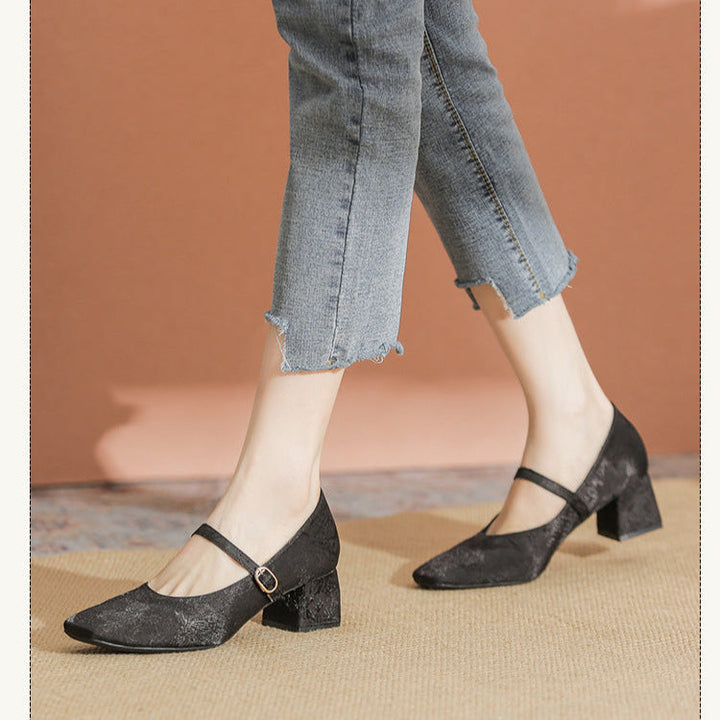 Women's Satin Floral Square Toe Buckle Mid Heel Mary Jane Heel