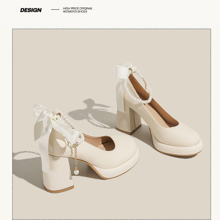 Women's Platform Pump - Block High Heel with Bow & Pearl Details