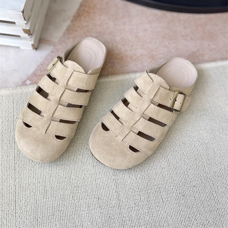 Women's Suede Round Toe Hollowed Out Casual Buckle Mule
