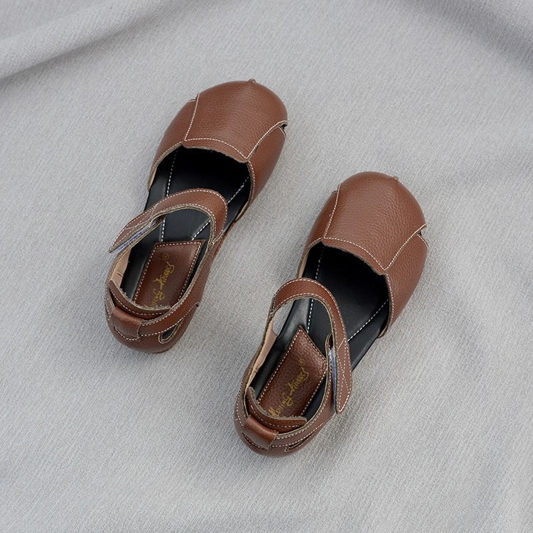 Women's Soft Leather Closed-Toe Velcro Sandals – Comfortable Flat Style