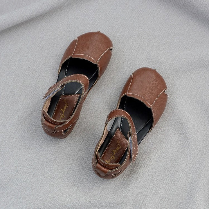 Women's Soft Leather Closed-Toe Velcro Sandals – Comfortable Flat Style