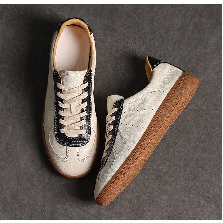 Women's Genuine Leather German Army Trainer Sneakers Retro Low Top Flat Shoes