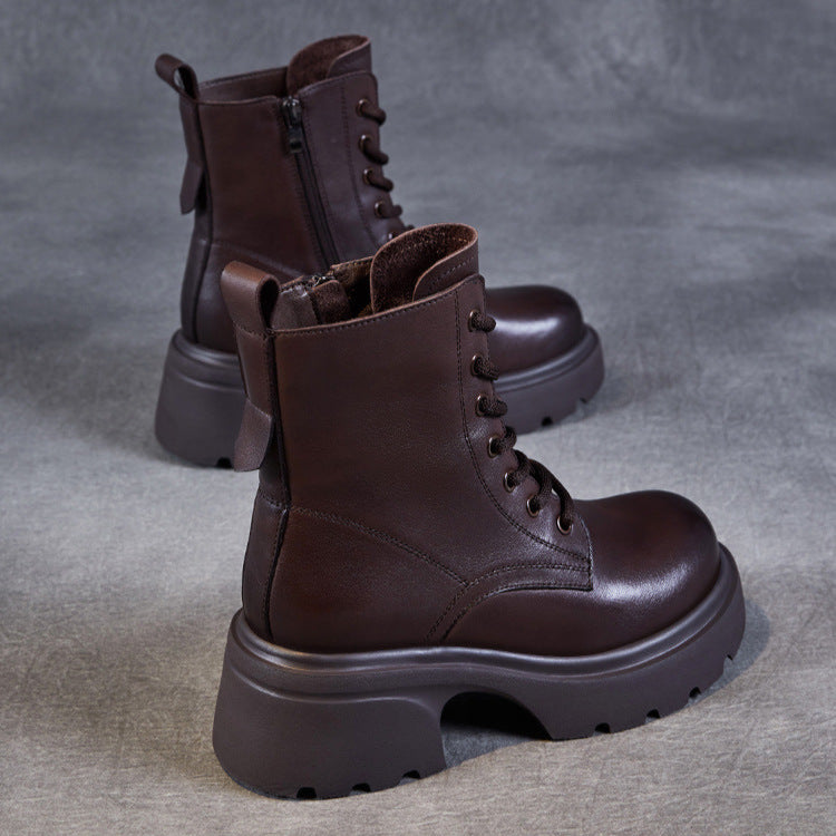 Women's Casual Genuine Leather Platform Boots – Chunky Heel & Side Zip