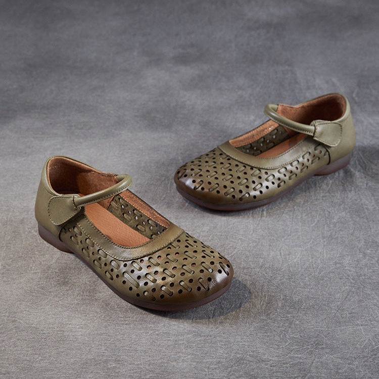 Women's Leather Mary Jane Sandals - Vintage Perforated Cut-Out Closed Round Toe Flat Shoes with Velcro