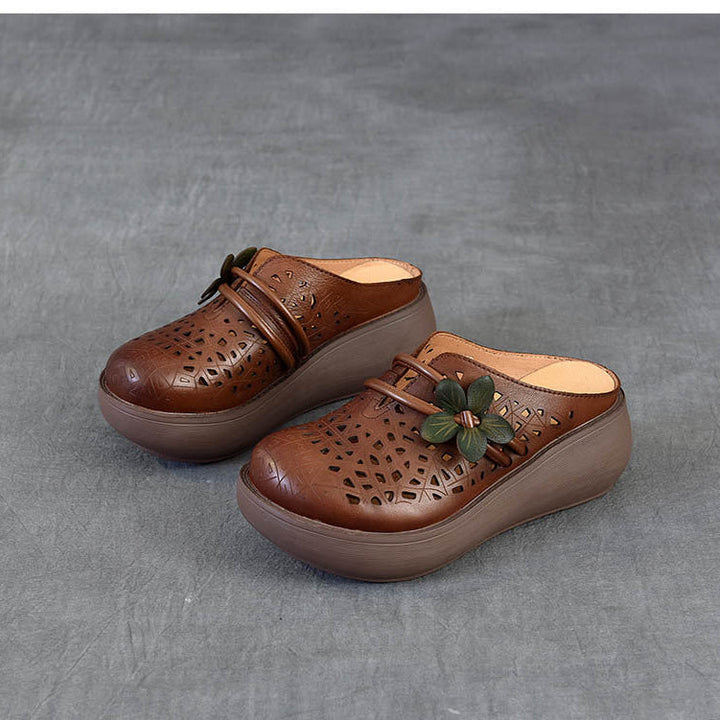 Women's Cowhide Platform Mules - Summer Shoes Breathable Floral Cut-out Sandals