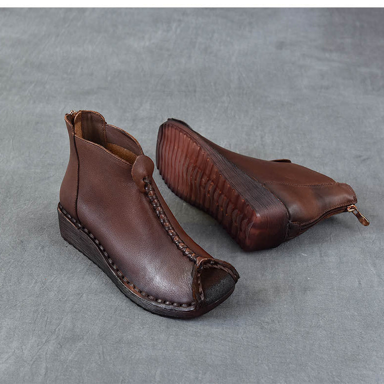 Women's Leather Ankle Boots - Vintage Wedge Low Heel Booties, Zipper Round Toe Stitching Fall Winter Shoes
