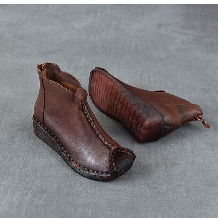 Women's Leather Ankle Boots - Vintage Wedge Low Heel Booties, Zipper Round Toe Stitching Fall Winter Shoes