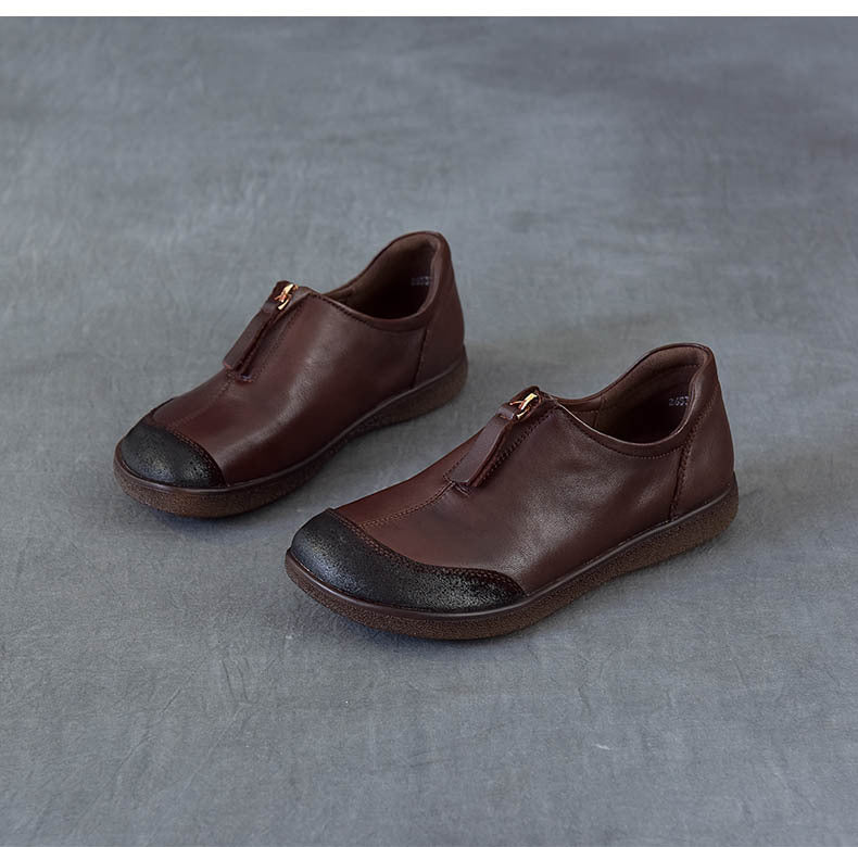 Women's Vintage Leather Slip-On Flats Front Zipper Soft Sole Driving Shoes