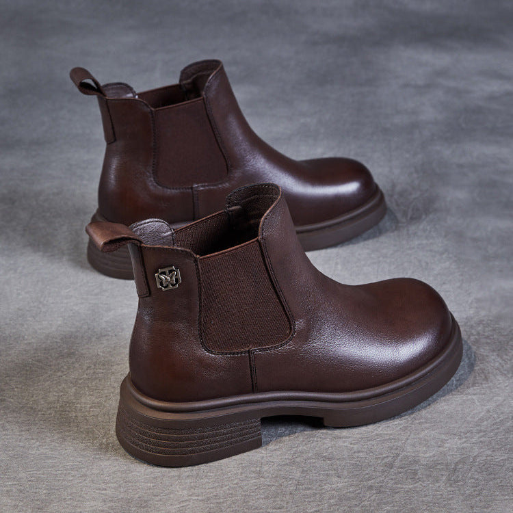 Women's Leather Short Boots – Chelsea Style Chunky Heel Comfort Shoes