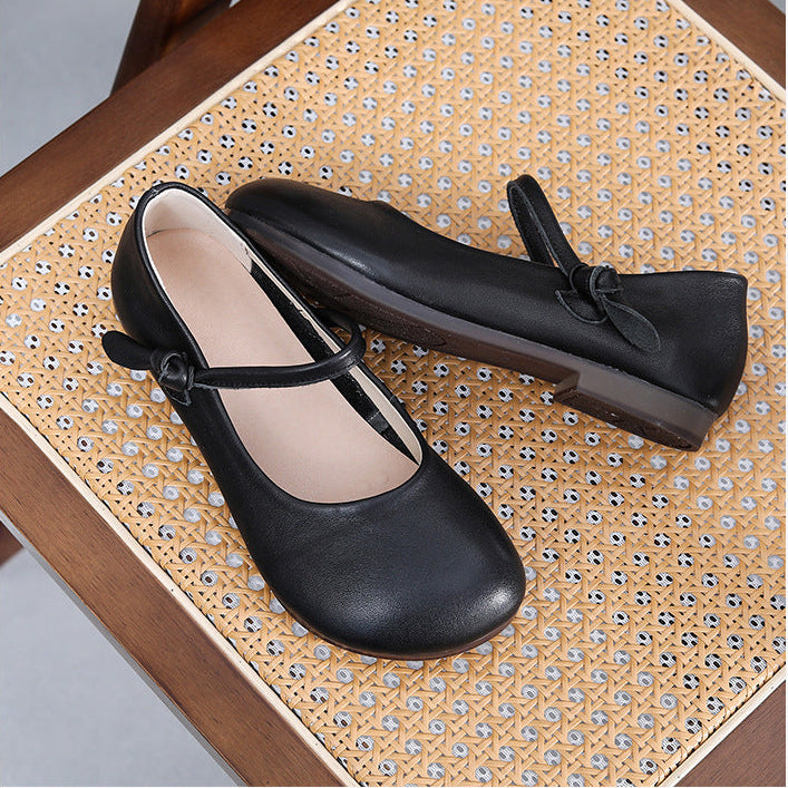 Women's Leather Mary Jane Flats - Vintage Round Toe Slip-On Ballet Flats with Bow Knot Strap Comfort Walking Shoes
