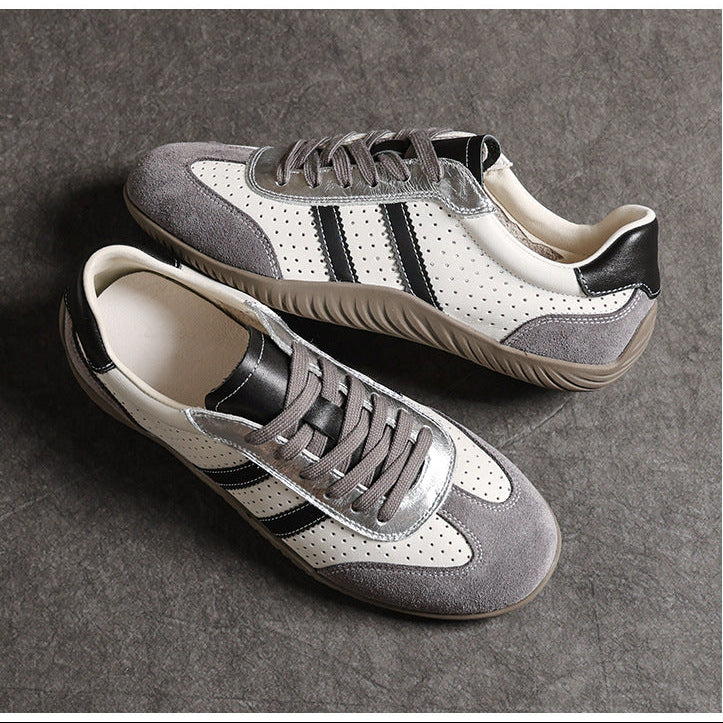 Women's Genuine Leather Retro Sneakers Patchwork Flat Lace Up Casual Walking Shoes