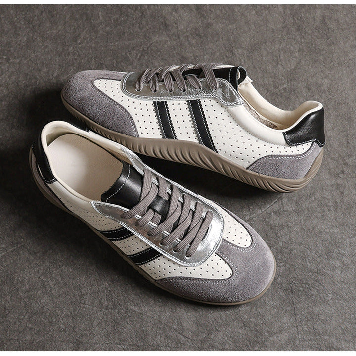 Women's Genuine Leather Retro Sneakers Patchwork Flat Lace Up Casual Walking Shoes