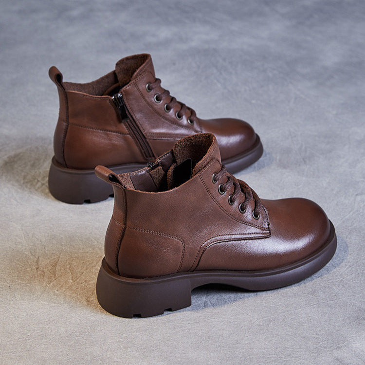 Women's Genuine Leather Casual Ankle Boots – Round Toe with Side Zipper