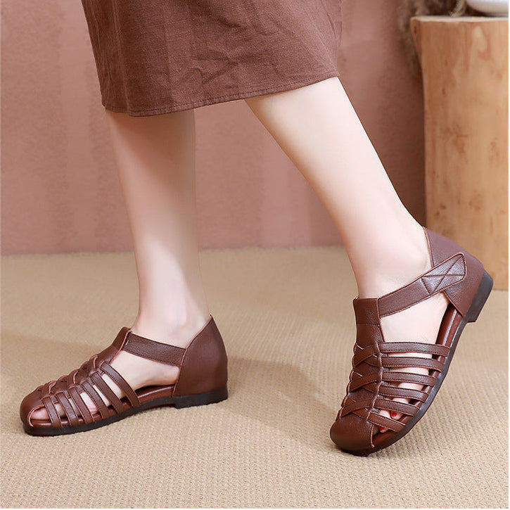 Women's Leather Fisherman Sandals Velcro Woven Summer Hollow-Out Casual Walking Flats