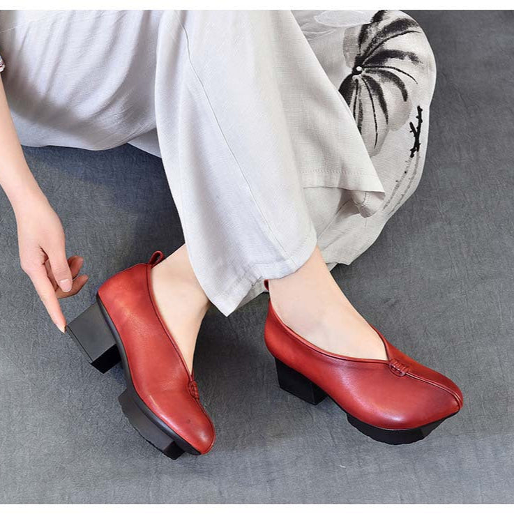 Women's Block Heel Leather High Heels – Slip-On Japanese Design