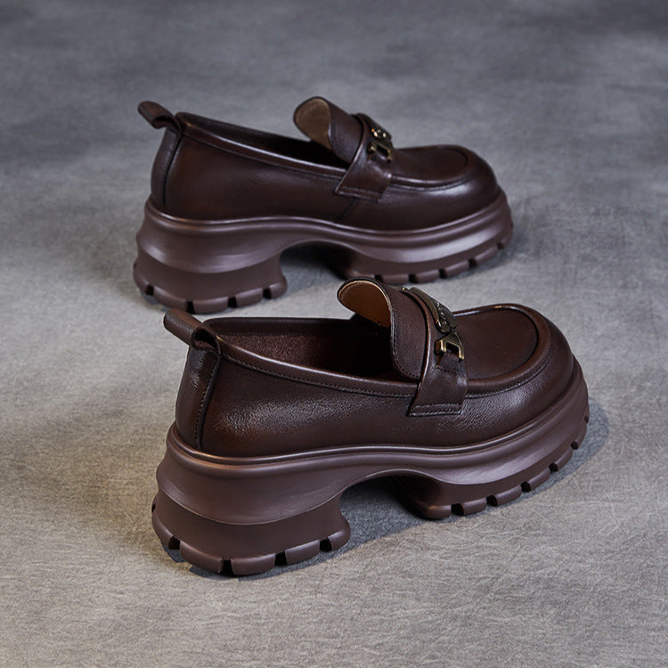 Women's Genuine Leather Platform Loafers - Chunky Heel with Metallic Hardware Details