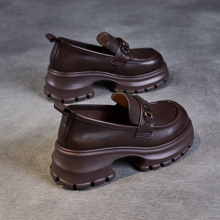 Women's Genuine Leather Platform Loafers - Chunky Heel with Metallic Hardware Details