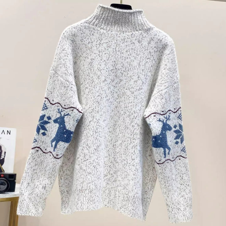 Womens Christmas Cute Deer & Snowflake Half Turtleneck Sweater