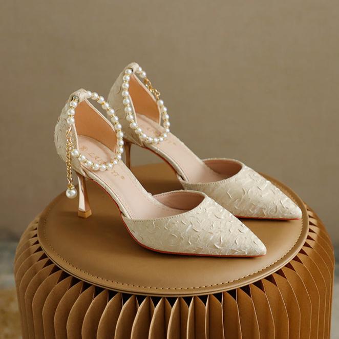 Women's Pearl Wedding Shoes for Bride High Heels Pointed Toe Satin Pumps