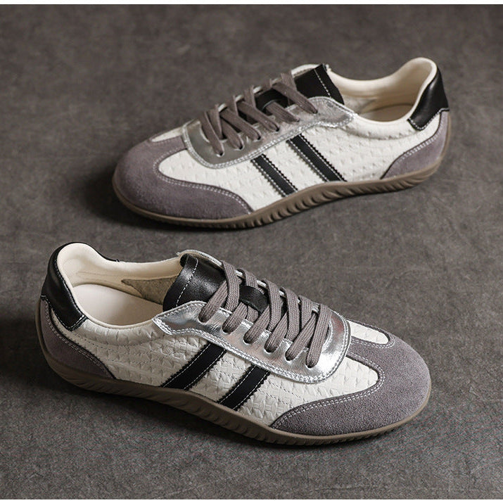 Women's Genuine Leather Retro Sneakers Patchwork Flat Lace Up Casual Walking Shoes