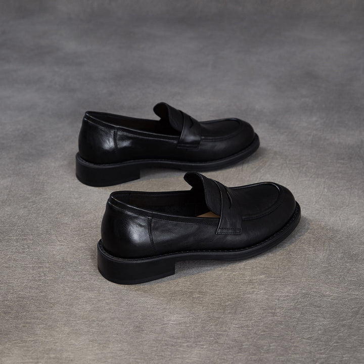 Women's Genuine Leather Penny Loafers Vintage Slip-on Round Toe Low Heel Shoes