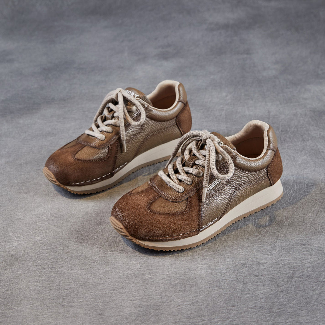 Womens Retro Leather Running Sneakers Vintage Lace-up Low Top Casual Trainers
