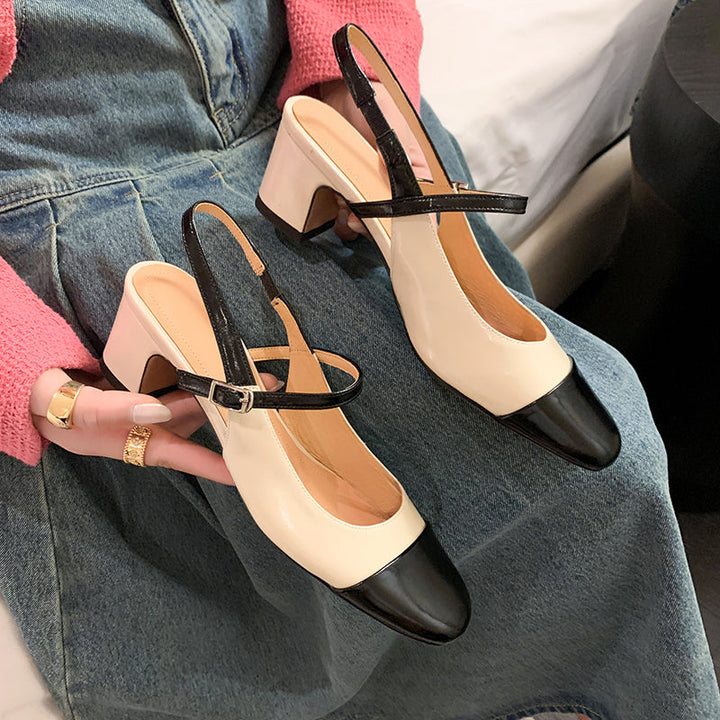 Women's Elegant French Patchwork Slip On Closed Toe Mid Heel Sandals