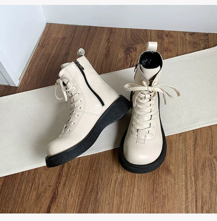 Women's Ankle Boots Lace Up Mid Calf Combat Booties Platform Low Heel