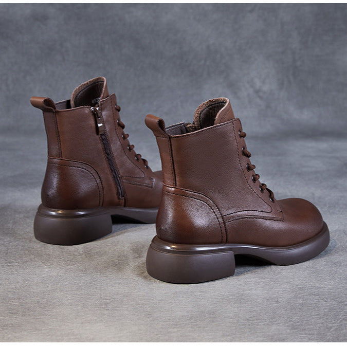 Women's Genuine Leather Lace-Up Side Zip Ankle Boots – Casual & Versatile