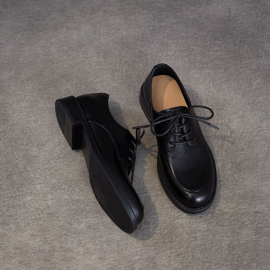 Women's Genuine Leather Oxford Shoes Retro Lace-up Round Toe Low Heel Derby Flats