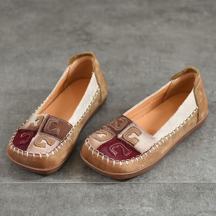 Women’s Retro Handmade Leather Colour-Block Flats – Round Square Toe Soft Sole Shoes