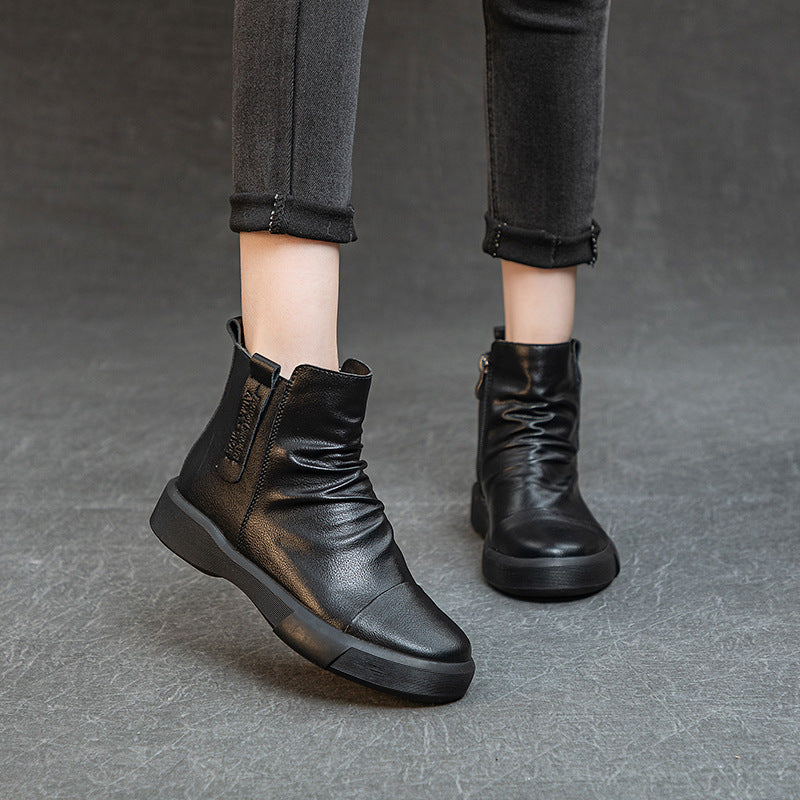 Comfortable Women's Flat Leather Boots – Casual Ruched Ankle Style