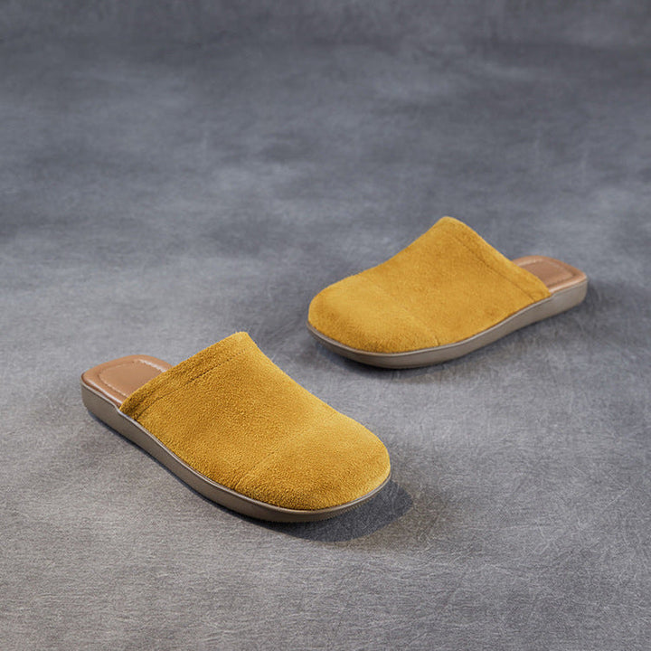 Women's Minimalist Nubuck Mules - Round-Toe Flat with Slip-On Ease
