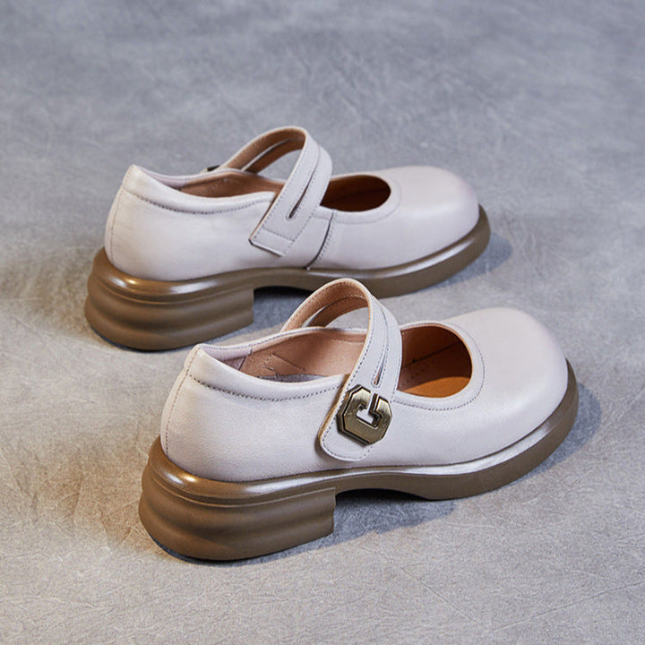 Women's Soft Leather Mary Janes – Round Toe Low Heel with Adjustable Velcro