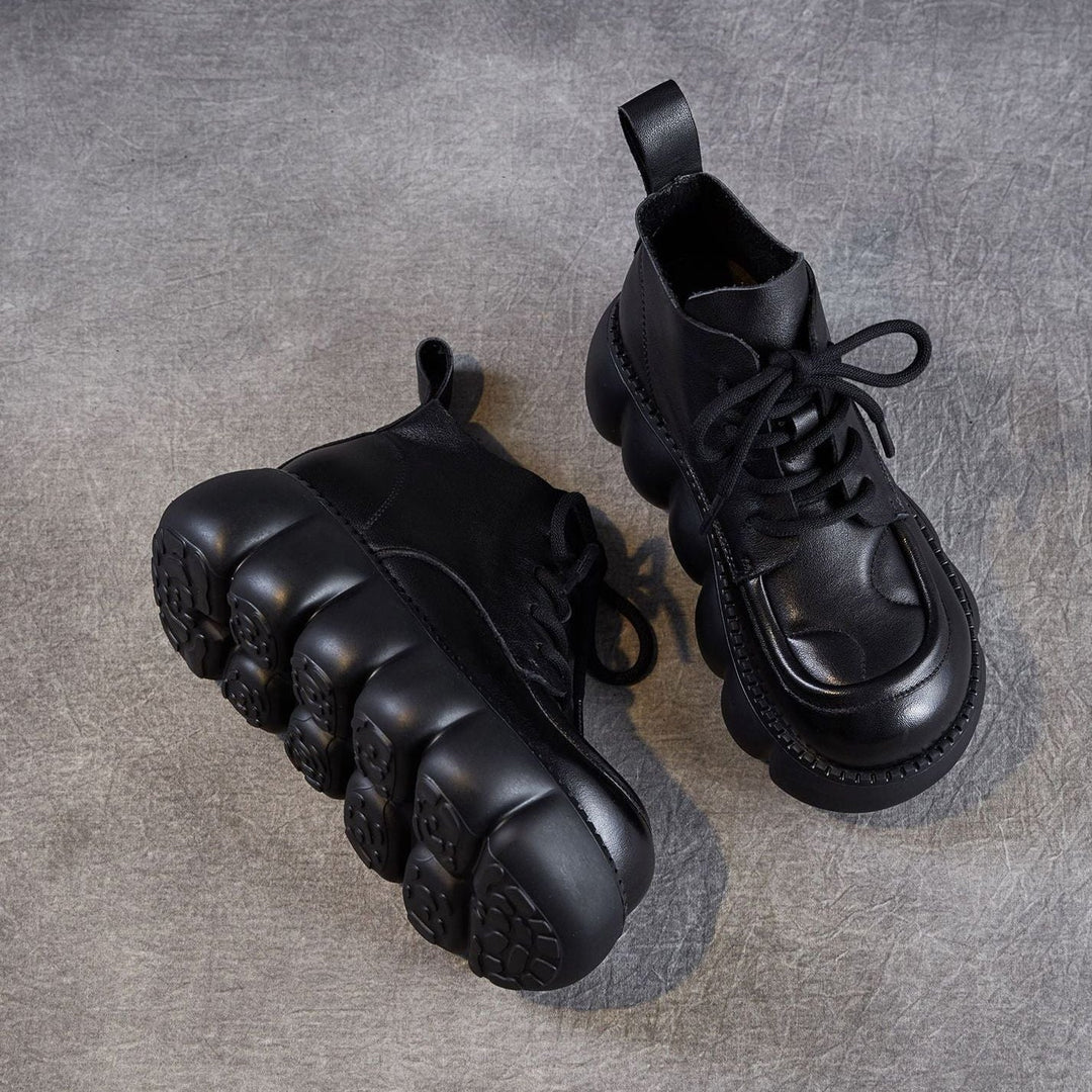 Women’s Retro Round Toe Leather Lace-Up Ankle Boots – Chunky Platform