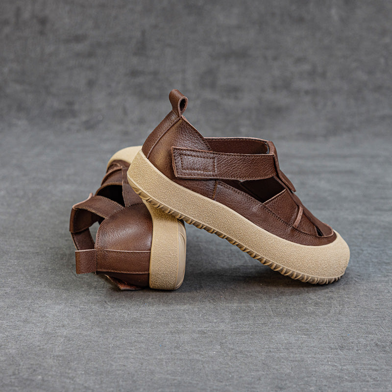 Womens Retro Woven Leather Fisherman Sandals Velcro Closed Toe Platform Walking Shoes