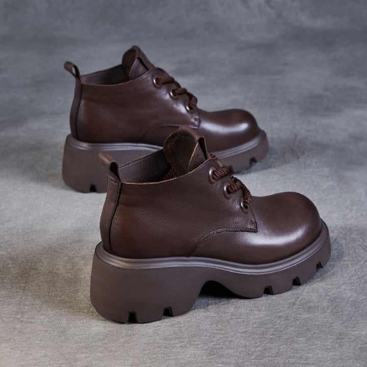Women's Retro Genuine Leather Platform Lace-Up Chunky Boots