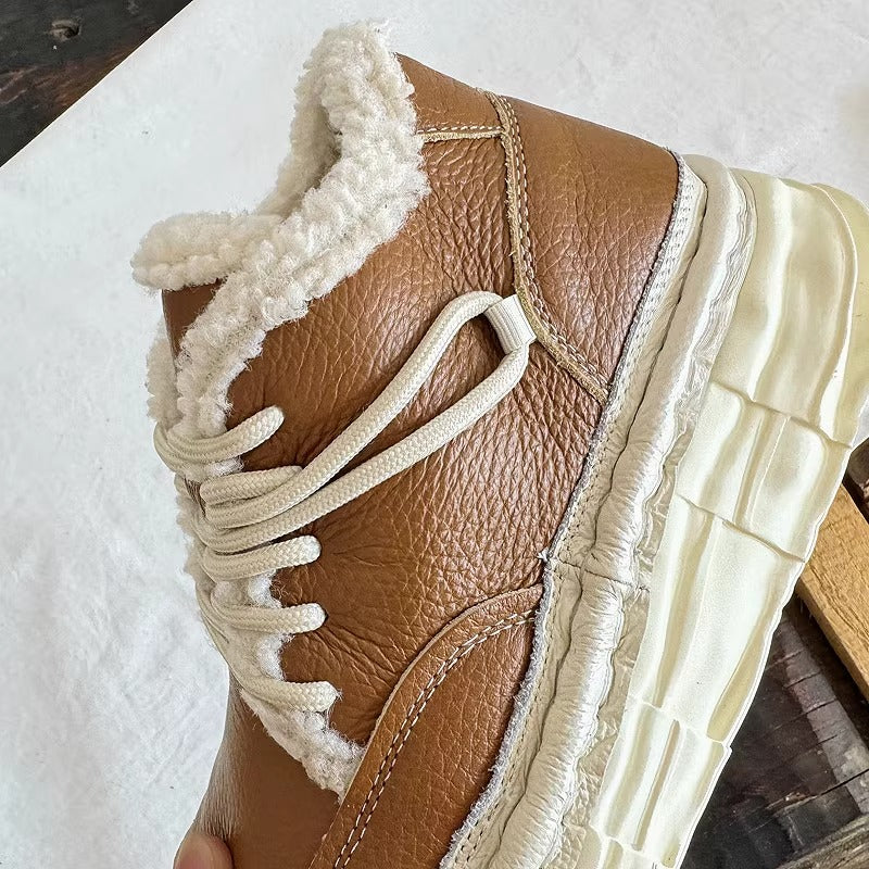 Women's Winter Chunky Leather Lace-Up Shoes – Fleece-Lined & Ugly-Cute Design