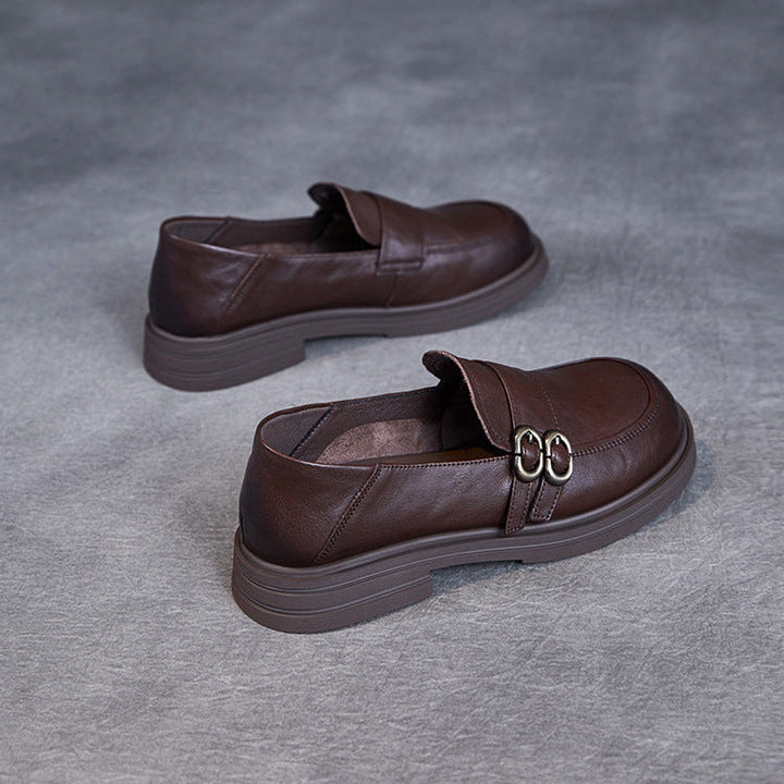 Women’s Leather Slip-On Loafers – Vintage British Low Heel