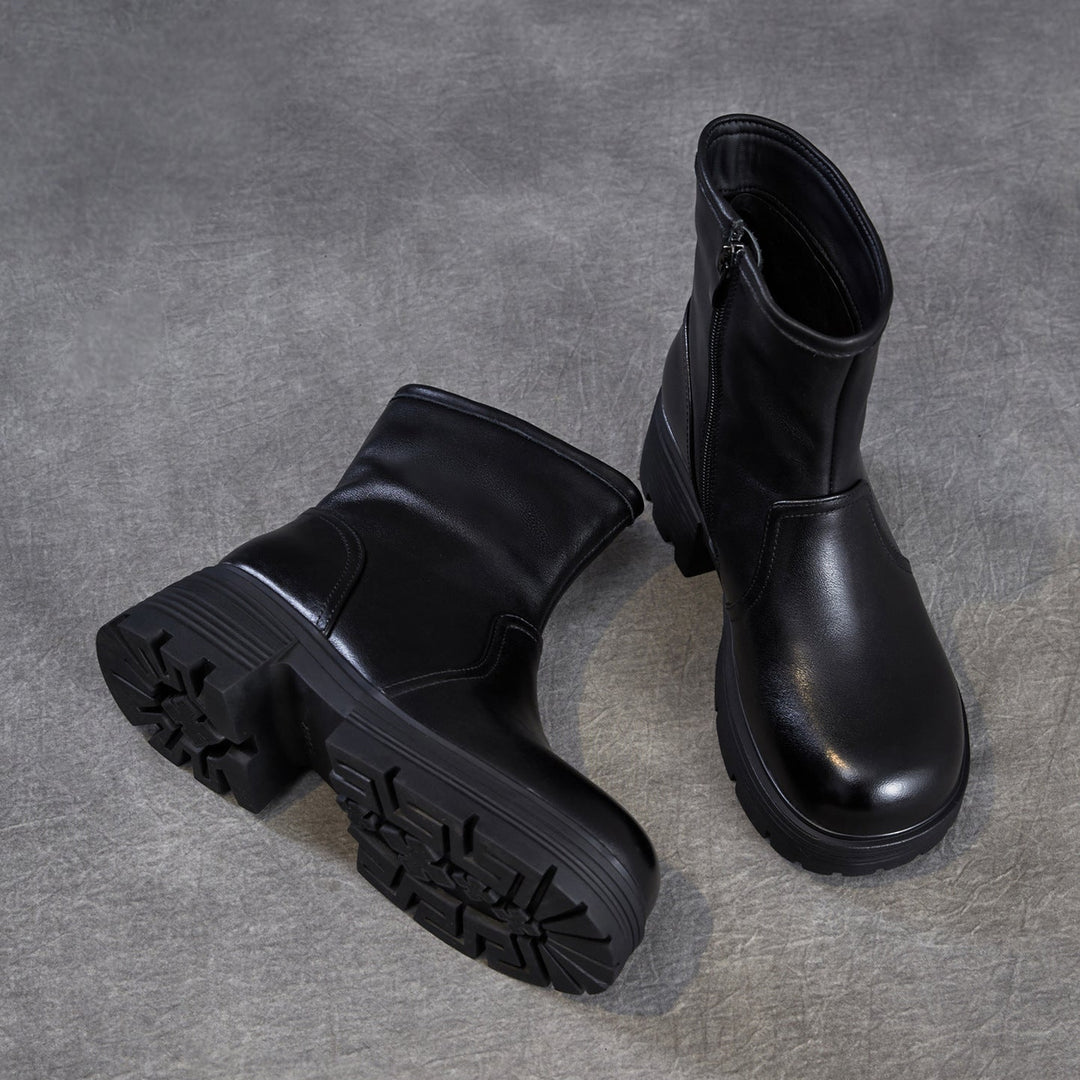 Women's Top-Grain Leather Ankle Boots Chunky Platform Block Heel Side Zipper Booties