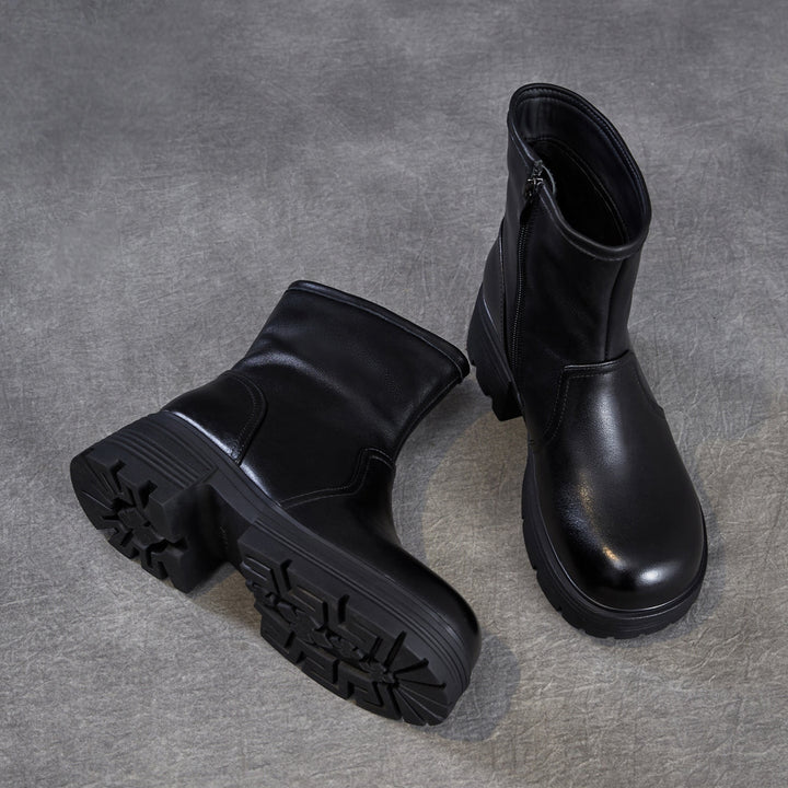 Women's Top-Grain Leather Ankle Boots Chunky Platform Block Heel Side Zipper Booties