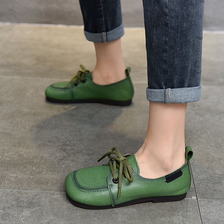 Women's Soft Leather Casual Flats – Comfortable Lace-Up Shoes