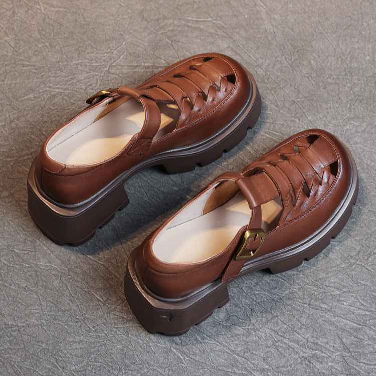 Women's Genuine Leather Fisherman Sandals - Chunky High Heel & Closed Toe Design